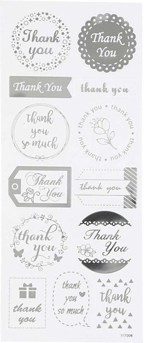 Stickers, vel 10x24 cm, circa 13 stuk, zilver, thank you, 1vel [HOB-29141]